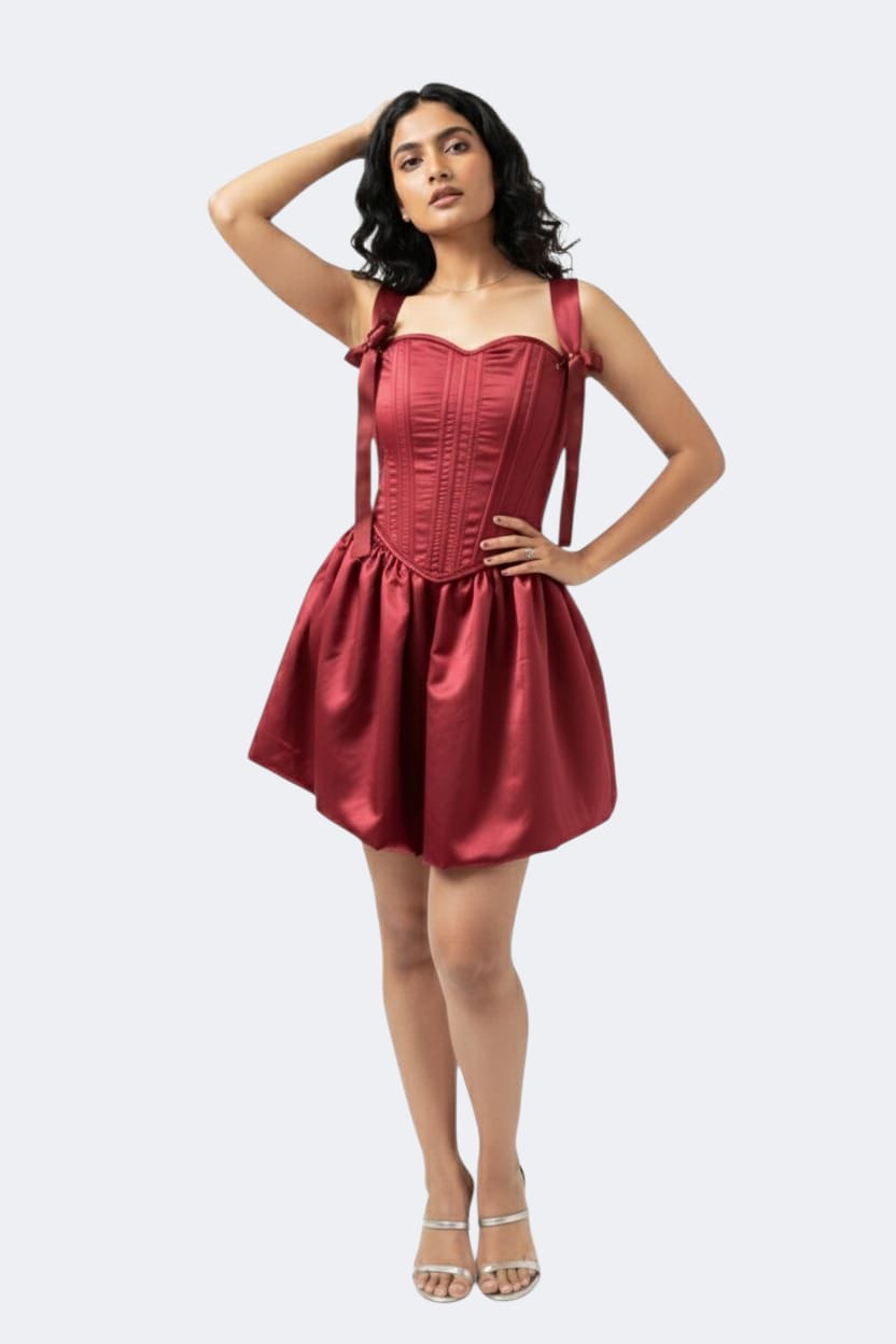 Maroon Satin Corset Mini Dress