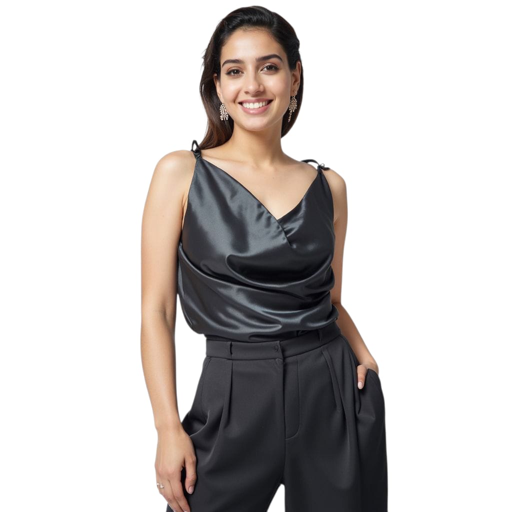 Black Satin Cowl Neck Top