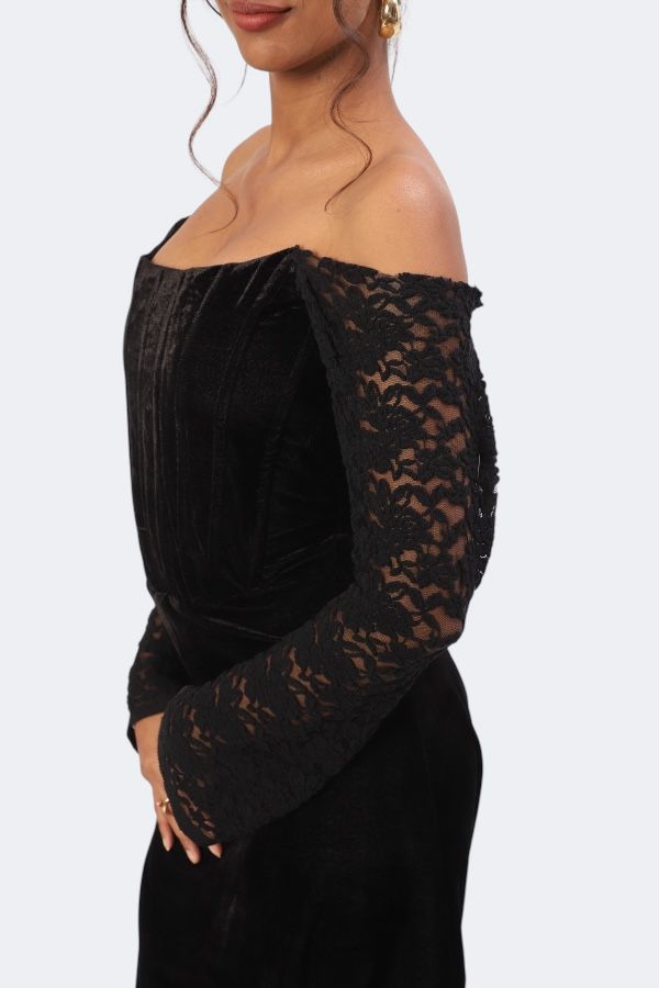 Boning Corset Black Off-Shoulder Velvet Gown