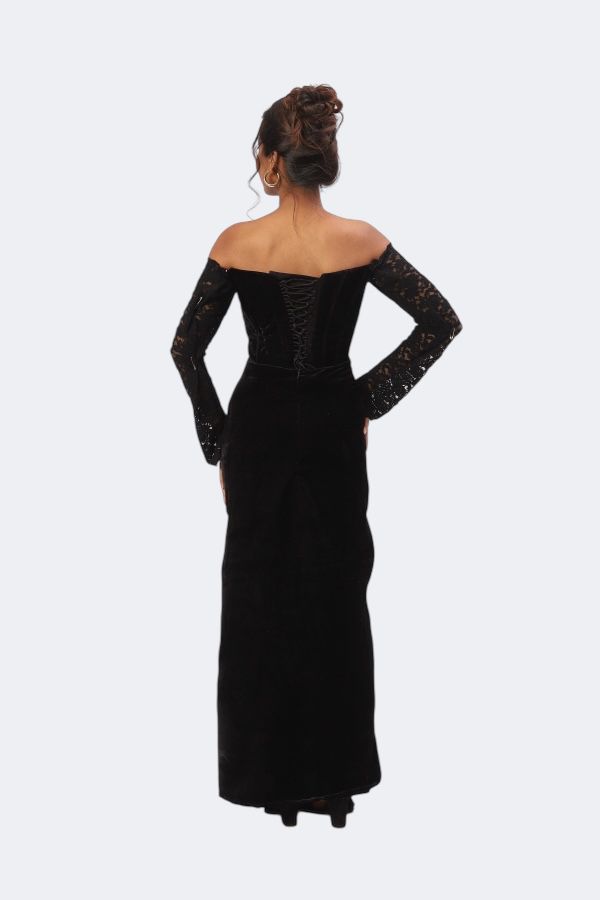 Boning Corset Black Off-Shoulder Velvet Gown