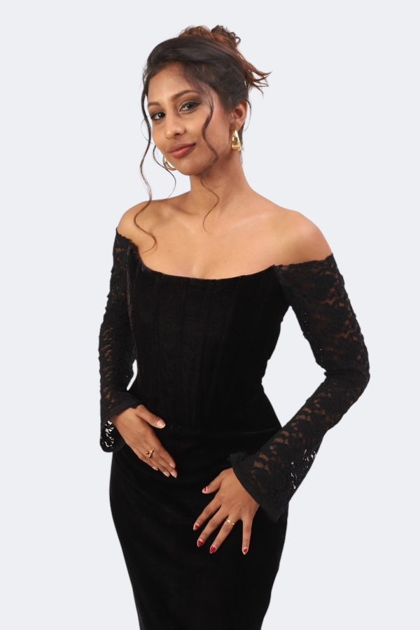 Boning Corset Black Off-Shoulder Velvet Gown
