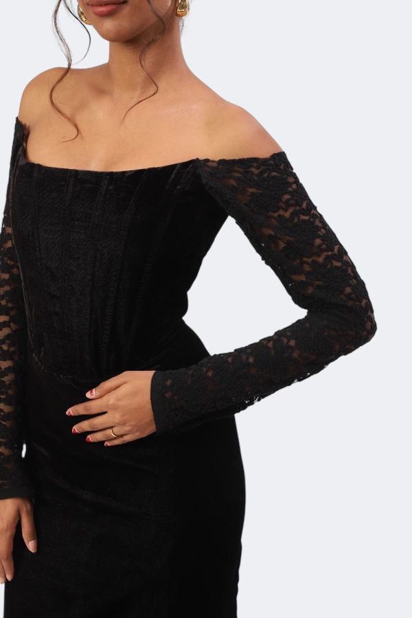 Boning Corset Black Off-Shoulder Velvet Gown