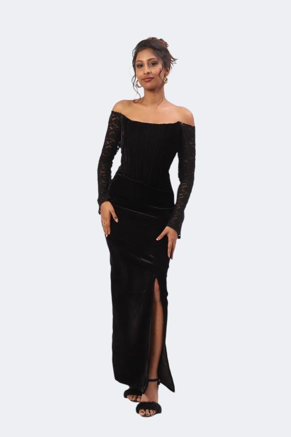 Boning Corset Black Off-Shoulder Velvet Gown