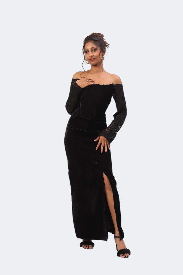 Boning Corset Black Off-Shoulder Velvet Gown