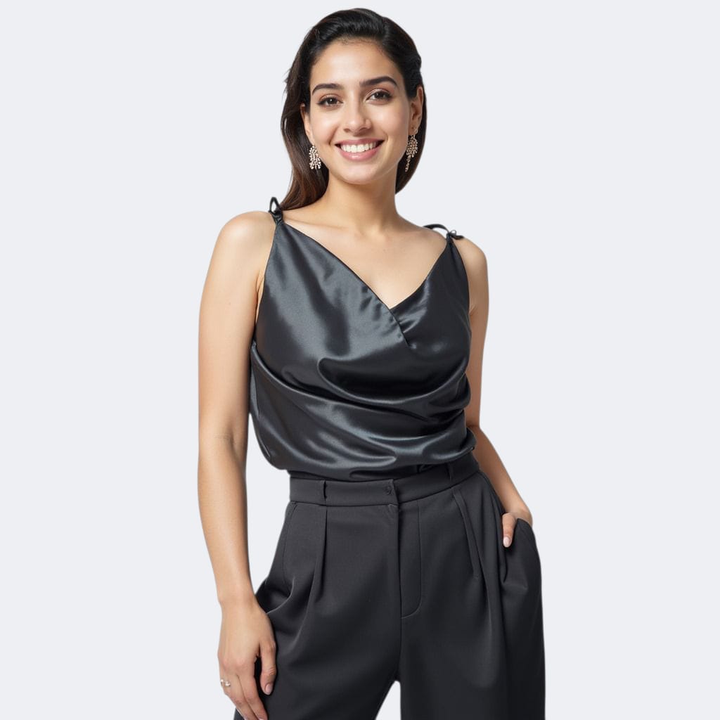 Black Satin Cowl Neck Top