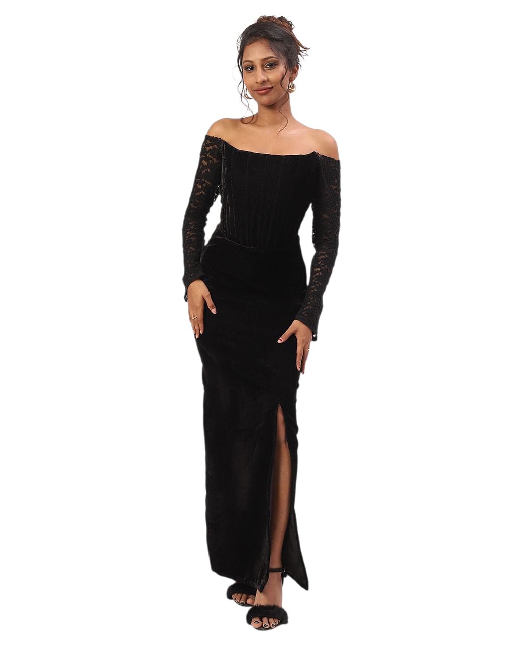 Boning Corset Black Off-Shoulder Velvet Gown