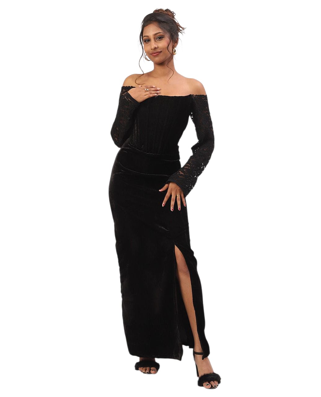 Boning Corset Black Off-Shoulder Velvet Gown