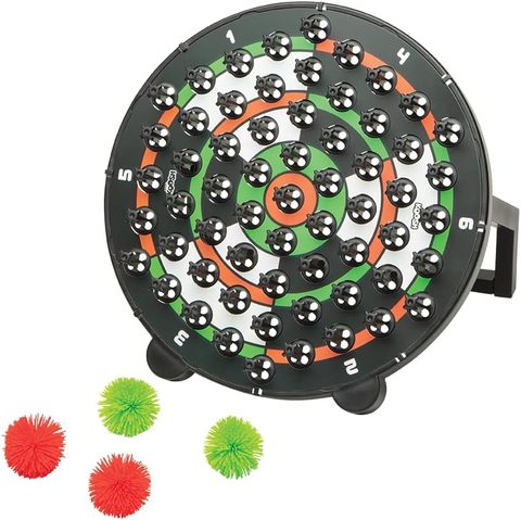 Koosh Darts board with a double-sided target face and red and green Koosh balls