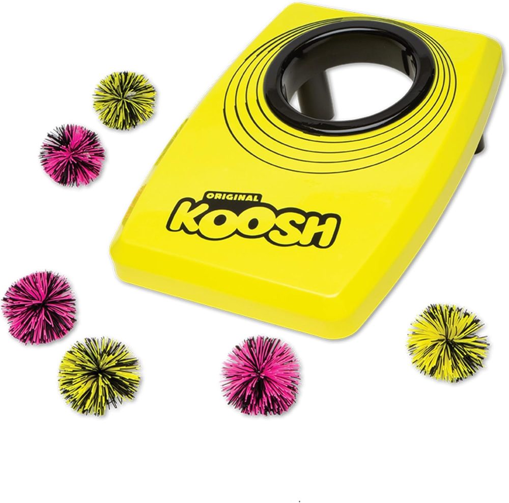 Kid-size Koosh Kornhole cornhole board with Koosh balls